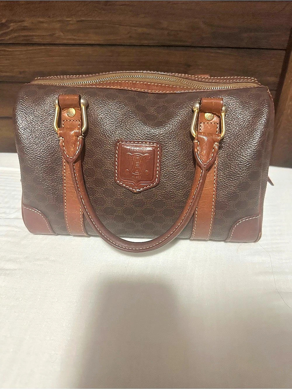 Celine Vintage Macadam Barrel Boston Bag Brown Satchel